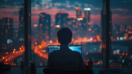 A man is sitting in front of a laptop in a window overlooking a city