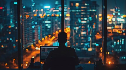 Wall Mural - A man is sitting in front of a computer monitor in a city at night