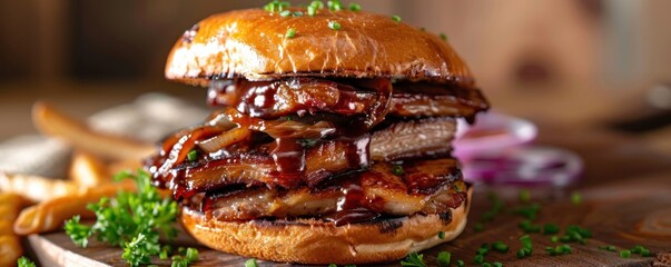 Wall Mural - A large, thickly sliced, juicy pork belly sandwich with a bun on top. The bun is brown and the sandwich is covered in barbecue sauce. 