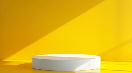 Poster - A white circular platform is set against a vibrant yellow background, illuminated by angled sunlight, creating strong shadows.