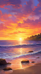 Poster - A vibrant painting of a sunset over the ocean