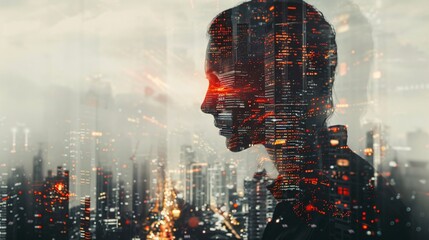 Man integrated with artificial intelligence visuals in a double exposure effect, providing generous text space.