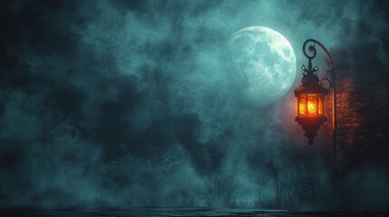 Dark street, lantern on old brick wall, large moon, smoke, smog. Night scene in an old city, dark forest.