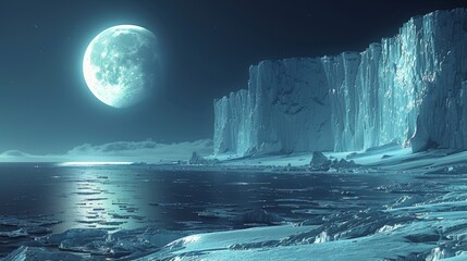 Wall Mural - Night view, cold frozen water, ice, futuristic landscape.