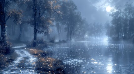 Night futuristic landscape, cold night, smog, trees in fog. Reflection of light.
