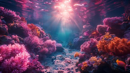 Wall Mural - Sunlight through the water, the underwater world, the sea floor. Marine underwater landscape. Stones, corals, neon glow, reflection in the water at night.