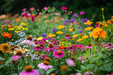 Wall Mural - Close up, ground level view of a summer garden filled with colorful flowers.


