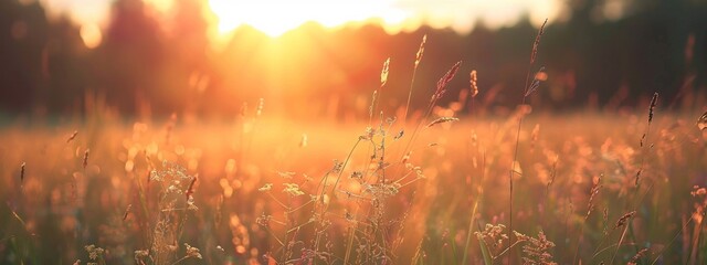 Wall Mural - Golden Hour Wildflowers: A Summer Meadow Landscape with Warm Sunset Light, 4K HD Wallpaper，Beautiful natural panoramic rural landscape. Wild tall grass blooming in nature on warm summer day at sunset.