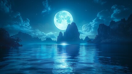 Dreamlike underwater fantasy world with abstract landscape and island, moonlight and neon. Dark natural scenery with reflections in water.