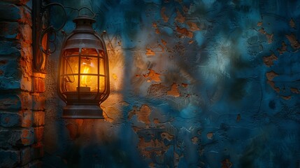 Wall Mural - This is an Oriental lantern on an old wall against a dark night background. Oriental atmosphere, fabulous night, fantasy evening. The light comes from a broken window on an old wall.