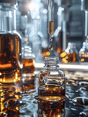 Poster - Close-up of glass bottles filled with serum in a laboratory setting. Generative AI
