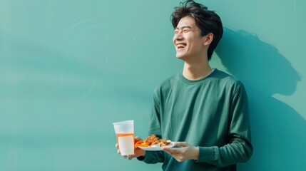 Wall Mural - A man is smiling and holding a plate of food and a cup of coffee