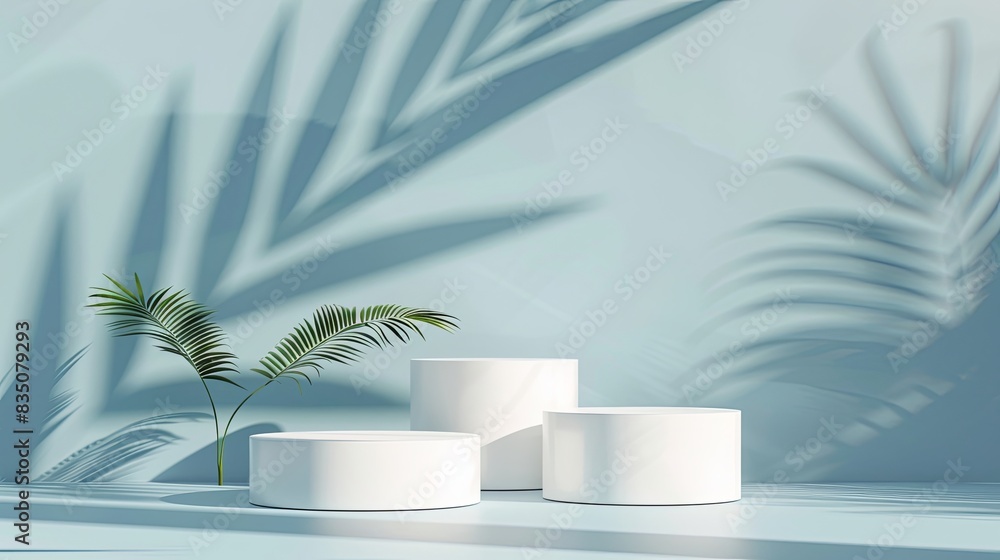 White podiums of varying heights are set against a soft blue background ...
