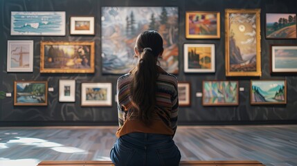 Young female visitor looking reflective while sitting on a bench and admiring the various paintings on the wall of an art gallery