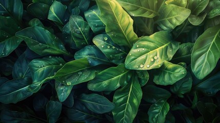 Close-up of lush green leaves with morning dew drops, creating a refreshing and serene natural background.