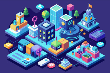 Poster - a city with buildings, trees, and other objects, Isometric icon vector environment where a collection of icons seamlessly integrate into a larger isometric scene