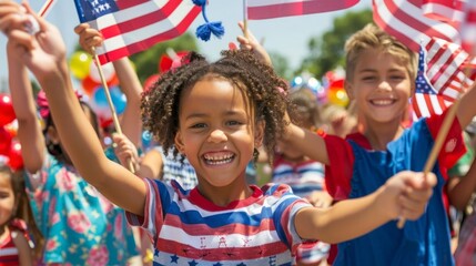 Excited children celebrate Independence Day with American flags and smiles during a lively outdoor parade on a sunny day.