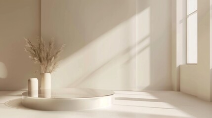 Leinwandbilder - A serene minimalist interior featuring dried flowers in a vase on a circular table. Sunlight streams through large windows, casting soft shadows across the room.