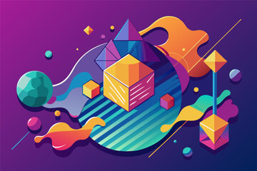 Poster - a colorful illustration of a cube surrounded by other objects, Geometric shapes overlaying a fluid background with precision