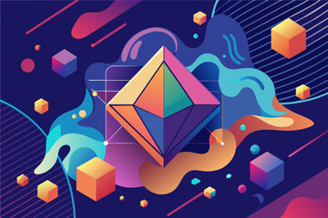Poster - a colorful illustration of a cube surrounded by other objects, Geometric shapes overlaying a fluid background with precision