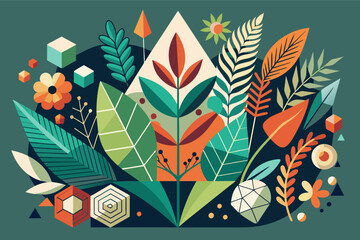 Wall Mural - a colorful illustration of a bunch of leaves, Geometric shapes in botanical-inspired artwork
