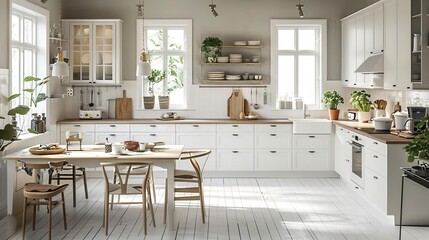 Wall Mural - Modern, bright kitchen interior with white cabinets, wooden countertops, and natural light from large windows creating a welcoming atmosphere.