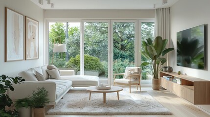 Wall Mural - A cozy Scandinavian living room with light oak floors and a large window that offers a view of the garden The room includes a white sectional sofa with pastelcolored cushions
