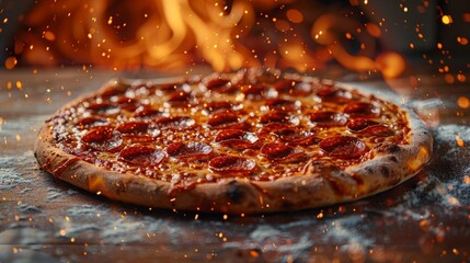 Wall Mural - The vibrant image showcases a freshly cooked pepperoni pizza against a backdrop of warm flames