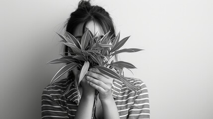 Black and white photography of a woman holding plants in front of her face