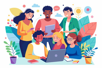 Poster - a group of people sitting around a laptop, Colorful vector illustration of a group of diverse people working together on a project
