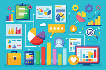 Leinwandbilder - a blue background with various icons and graphs, Business infographic showcasing data and statistics with colorful charts and icons