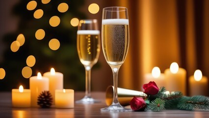 Wall Mural - glass of champagne, beautiful bokeh, light background 