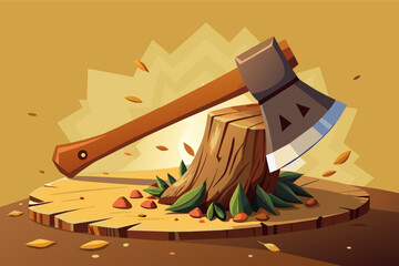 a wooden stump with an axe sticking out of it, A single, sharp ax head resting on a chopping block with wood chips scattered around