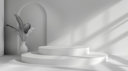 Leinwandbilder - Sunlight streams into a minimalist room showcasing a white pedestal and a large potted plant in the morning.
