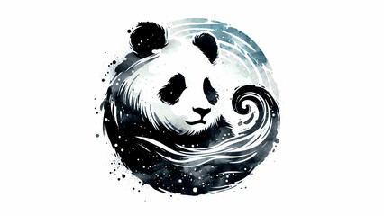 Wall Mural - Panda silhouette black and white brush strokes in watercolor, on white background