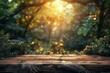 © Picasso - Digital image of wooden table and foliage background with bokeh at sunset photo