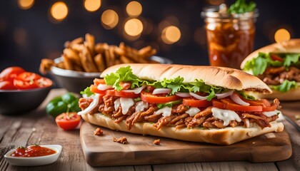 Wall Mural - Turkish Chicken Doner Sandwich with pide. (fast food concept)
