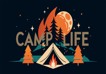 Wall Mural - A poster of a camp life with a tent and a fire