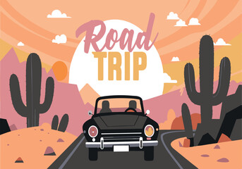 Wall Mural - A cartoon of a car driving down a road with a sign that says Road Trip