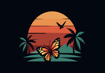 Wall Mural - A butterfly is on a beach with palm trees in the background