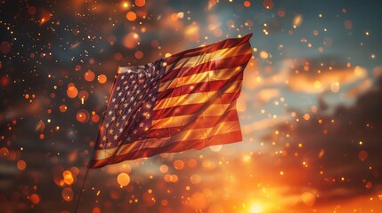 Fireworks bursting above a waving American flag, symbolizing freedom and celebration (focus on, national pride, dynamic, blend mode, night sky backdrop)