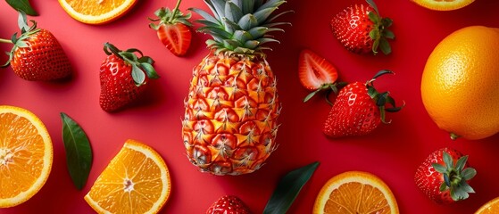 Vibrant arrangement of fresh fruits including pineapple, strawberries, and oranges on a bright red background. Perfect for healthy and tropical themes.