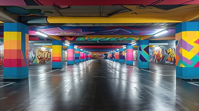 Empty underground parking with graffiti wall abstract background