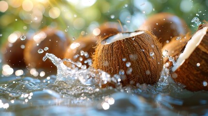 High detail closeup of a split coconut with water droplets frozen in motion around it, emphasizing refreshment