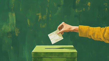 Person voting by inserting a ballot into a green box, forest green background