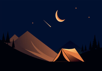 Wall Mural - A tent is set up in the woods at night