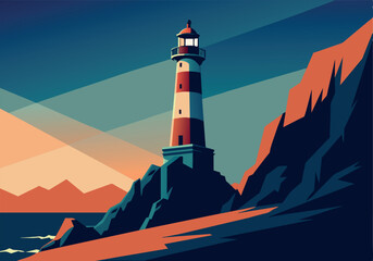 Wall Mural - A lighthouse is on a rocky shoreline with a blue sky in the background