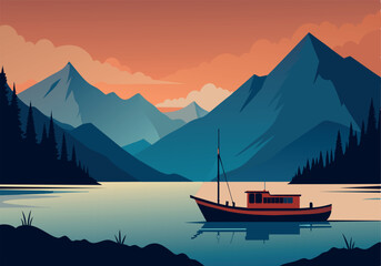 Wall Mural - A boat is floating on a lake in front of a mountain range