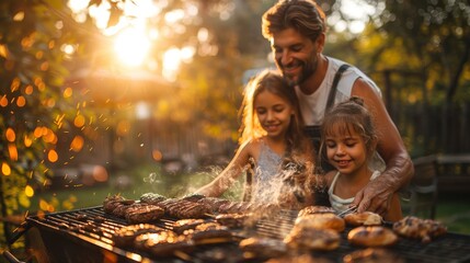 Wall Mural - A father and his daughters grill and enjoy food together in a sunset-lit backyard