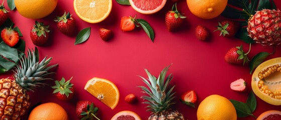 A vibrant arrangement of fresh tropical fruits including pineapples, strawberries, oranges, and melons on a red background.